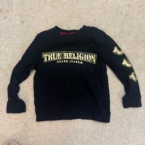 True Religion Black Gold Metallic Stud Logo LS Tee Shirt Kids Size M 5/6